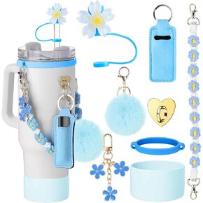 Cup Accessories for Stanley Cup 30oz 40oz Tumbler with Handle, Including Water Bottle Handle Strap, Chapstick Holder, Boot, Keychain Charms, Straw Topper Cover Cap for Stanley (Blue)