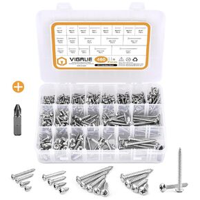 VIGRUE 460pcs Pan Head Phillips Drive Wood Screws, Self Tapping Screws Assortment Set, 4,#6,#8,#10,#12, 304 Stainless Steel Self Tapping Screw Assortment kit