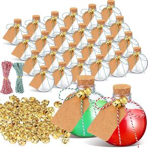 Baderke 24 Pcs 8.5 oz Spherical Plastic Potion Bottles with 48 Pcs Jingle Bells Round Candy Jars for Christmas Ball Shape Bottles for Drink DIY Crafts Table Decoration Christmas Gifts