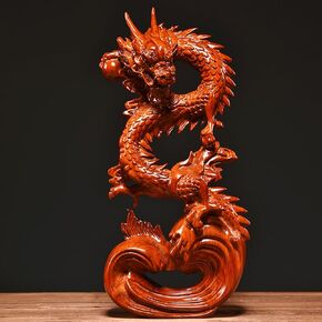 Feng Shui Dragon Statue- Chinese Dragon on Wood Sculpture Figurine Ornament Attract Wealth and Good Luck Office Home Decor (Red) (11 Inch)