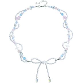 Bow Choker Necklaces For Women Faux Pearl Chain Cute Dainty Aesthetic Trendy Adjustable Bow Choker Necklaces For Women Daughter Sisters Bride