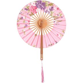 Luxshiny Bamboo Round Folding Fan Japanese Fan Art Decor Paper Chinese Foldable Hand Fan for Women Birthday Wedding Party Home Decorations Pink