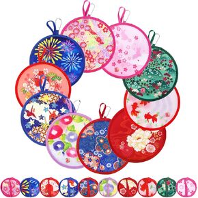 10 Pieces Japanese Foldable Fan, Summer Collapsible Hanheld Fans, Portable Round Folding Fan, Flower Festival Decor Pocket Flying Disc Fan for Wedding Party Favors