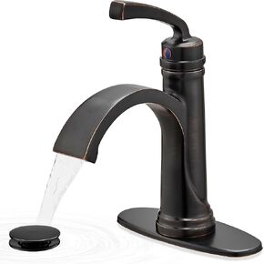 Brass Oil Rubbed Bronze Bathroom Faucet Single Handle, Waterfall Bathroom Sink Faucet 1 Hole or 4 Inch 3 Hole, Bathroom Vanity Faucets, Modern Bath Sink Faucet with Drain, No Bend Deck Plate
