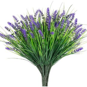 12 Bundles Outdoor Artificial Plants, UV Resistant Fake Monkey Grass, Faux Purple Lavender Flowers, No Fade Plastic Greenery for Pot, Garden, Patio, Porch, Window Box, Home, Hanging Planter