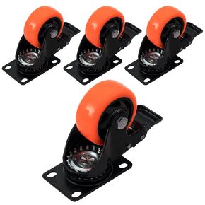 XIKE 4PCS Orange 2 inch Casters Load 800lbs with Brake, Advanced Polyurethane (PU) Floor Protection, Noise-Free 360 Degree Swivel Plate Heavy Duty Caster Wheels