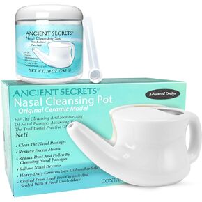 ANCIENT SECRETS Neti Pot & Nasal Cleansing Salt Set - Nasal Irrigation System, Ceramic Nasal Cleansing Pot + Non-Iodized Pure Salt, Sinus Relief, Allergy Nasal Spray Alternative (2 Piece Set)