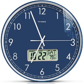 Atomic Analog Wall Clock, WWVB Self-Setting Battery Operated 12" Dial Non-Ticking Silent Easy to Read & Use Clock with LCD Display, Ideal Modern Home, Kitchen, Office Décor (Blue)