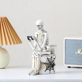 Halloween Skeleton Statues for Home Decor,Resin Skeleton Figurines Sitting on Toliet Playing Cellphone for Halloween Room Desk Office Decor