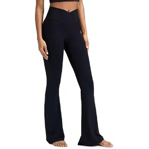 Women's Crossover Flare Leggings, High Waisted Wide Leg Flared Yoga Pants A-Black