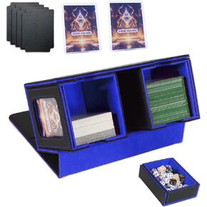 Card Box for Trading Cards, Commander EDH Deck Box Holds 200+ Double-sleeved Cards with Dice Storage Box, 2 Pieces PU Leather Magnetic Closure Storage Box for Magic Commander TCG CCG(Black&Blue)