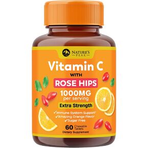 Extra Strength Vitamin C 1000 mg - Chewable Vita C for Powerful Immune Support with Vitamin C & Rose HIPS - Potent Dietary Chewable Vitamin C Supplement, Vegan, Gluten-Free, Non-GMO - 60 Tablets
