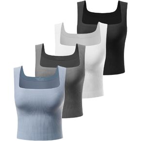 PINKSAVIOR 4 Pieces Square Neck Crop Tops Sleeveless Tank Tops with Built in Bras Summer Cropped Tank Tops for Women 2024 (078 Bl/W/BG/Kh M)