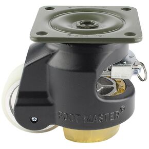 Foot Master GDR-80-F-HUP-CUR-FBL Leveling Caster, 63 mm Polyurethane Wheel, Flat Black, Height Adjustable Ratchet, Plate Mounted Swivel Caster, 500 kg Load Rating