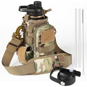 32 Oz Insulated Water Bottle - Stainless Steel Tactical Flask With Straw Lid & Chug Cap, Metal Military Water Bottle With Rugged, Removable Sleeve Can Place Items for Hiking Camping Hunting