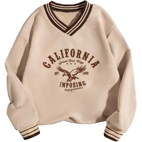 Floerns Girl's Graphic Striped Trim Long Sleeve Pullovers Active V Neck Sweatshirts