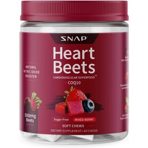 Snap Supplements Heart Beets Chews, Support Healthy Blood Pressure, Blood Flow and Heart Health with Beet Root Extract and COQ10, Mixed Berry, 60 Soft Chews