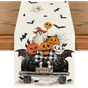 Artoid Mode Jack-O'-Lantern Pumpkins Ghost Spooky Black Truck Halloween Table Runner, Kitchen Dining Table Decoration for Home Party Decor 13x72 Inch