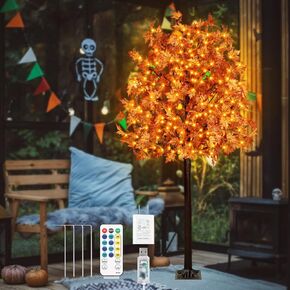 Remon 7FT 170LED Fall Maple Tree Light - Thanksgiving Decor Artificial Tree with 17 Acorn, Remote 8 Flashing Modes, Timing, DC 5V Safe for Wedding Party Outdoor Decor (Upgraded Silk-Screened Leaves)