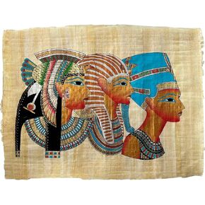 Cleopatra in Royal Vulture Crown – Nefertiti in Modius Papyrus – Egyptian Papyrus Painting – Tutankhamen in Nemes Papyrus – Unframed – Frameable - 17x13 inches