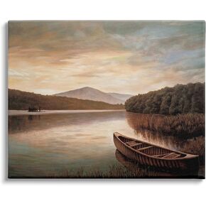 Stupell Industries Lakeside Canoe Cloudy Sky Mountain Forest Landscape Canvas Wall Art, 30 x 24, Tan