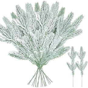 Christmas Frosted Pine Branches 11.8" Snowy Artificial Pine Needles Christmas Faux Greenery Pine Sprigs Frosted Flocked Pine Picks Stems for Christmas Crafts Wreaths Garden Party Decor, 15 Pcs