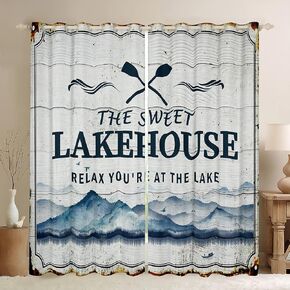 Rustic Farmhouse Window Curtain Lake House Curtains for Kids Teens Men Women Home Decor Retro Blue Green Wooden Board Window Treatment Curtain Fishing Lover Window Drapes,Top 2 Panel,38Wx45L