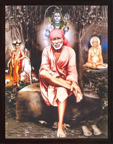 SANVIKA 12 بوصة × 9 بوصة إطار ملصق Sai Baba لديكور الحائط، إطار صورة Sai Baba الفني لديكور غرفة المعيشة، ديكور هندوسي للمكتب المنزلي، غرفة بوجا (Sai ​​Baba يجلس على الصخور ليلًا في الغابة، 12 بوصة × 9 بوصة) in Saudi Arabia