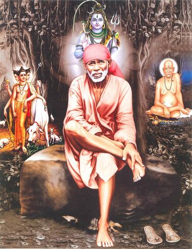 SANVIKA 12 بوصة × 9 بوصة إطار ملصق Sai Baba لديكور الحائط، إطار صورة Sai Baba الفني لديكور غرفة المعيشة، ديكور هندوسي للمكتب المنزلي، غرفة بوجا (Sai ​​Baba يجلس على الصخور ليلًا في الغابة، 12 بوصة × 9 بوصة) in Saudi Arabia