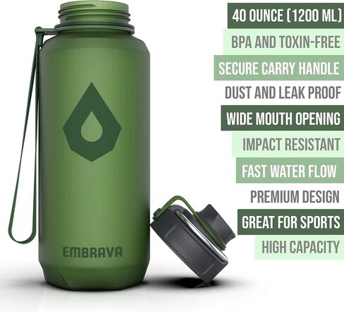 Embrava 40oz Water Bottle - Large with Travel Carry Ring - Wide Leak Proof Drink Spout - Heavy-Duty, BPA & BPS Free Tritan Plastic - Best for Sports, Hiking, Gym, Men & Women in Kuwait