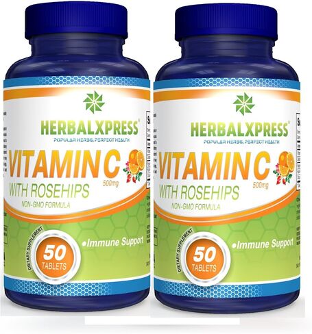 Herbalxpress Vitamin C 500mg with Rose HIPS, Ascorbic Acid & Citrus Bioflavonoids 100 Tablets (2 Tubs) - The Powerful Duo:- A Complementary Approach to Boost Your Immune System. in Saudi Arabia