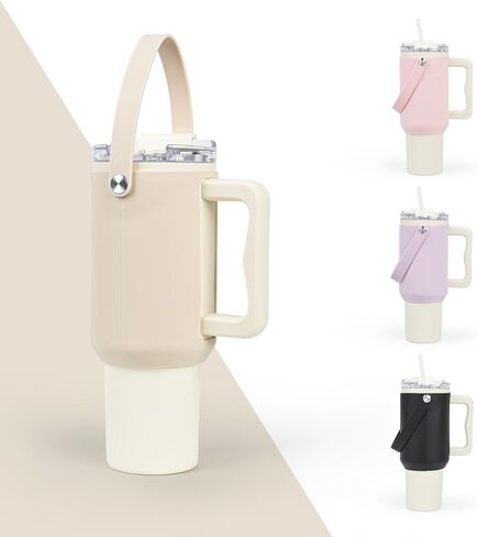 Compatible for Stanley 40 OZ Tumbler Accessories Silicone Water Bottle Handle Holder Carrier with Strap Soft Durable Silicone Water Bottle Sleeve for Stanley Cup Tumbler with Handle 2pc (Black——Cream) in Saudi Arabia