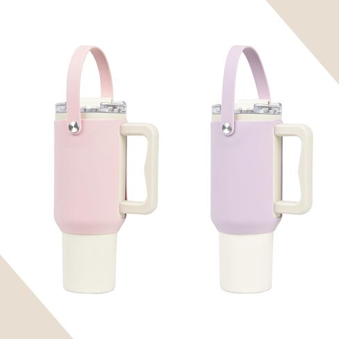 Compatible for Stanley 40 OZ Tumbler Accessories Silicone Water Bottle Handle Holder Carrier with Strap Soft Durable Silicone Water Bottle Sleeve for Stanley Cup Tumbler with Handle 2pc (Black——Cream) in Saudi Arabia
