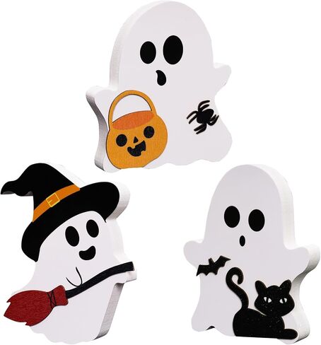 Heliltd 3 Pcs Cute Ghost Decorations Indoor Wooden Halloween Ghost Decor Black Cat Pumpkin Bat Witch Halloween Tiered Tray Decorations Set for Halloween Party Home Mantel Shelf Kitchen in Saudi Arabia