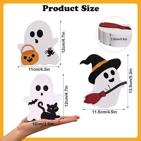 Heliltd 3 Pcs Cute Ghost Decorations Indoor Wooden Halloween Ghost Decor Black Cat Pumpkin Bat Witch Halloween Tiered Tray Decorations Set for Halloween Party Home Mantel Shelf Kitchen in Saudi Arabia
