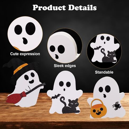 Heliltd 3 Pcs Cute Ghost Decorations Indoor Wooden Halloween Ghost Decor Black Cat Pumpkin Bat Witch Halloween Tiered Tray Decorations Set for Halloween Party Home Mantel Shelf Kitchen in Saudi Arabia