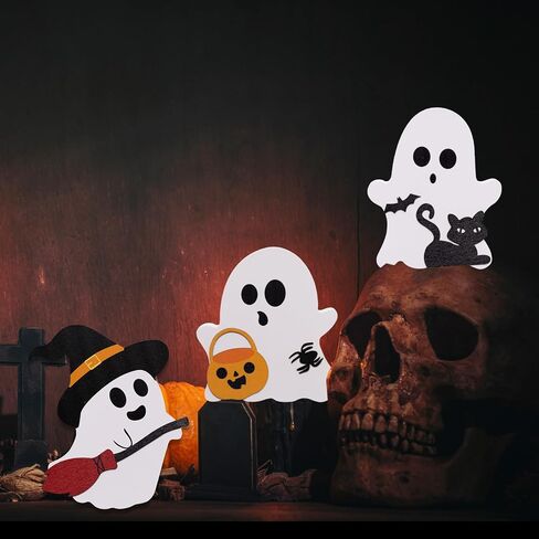 Heliltd 3 Pcs Cute Ghost Decorations Indoor Wooden Halloween Ghost Decor Black Cat Pumpkin Bat Witch Halloween Tiered Tray Decorations Set for Halloween Party Home Mantel Shelf Kitchen in Saudi Arabia