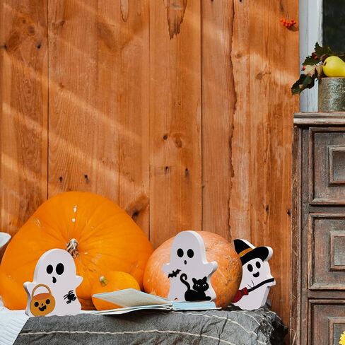 Heliltd 3 Pcs Cute Ghost Decorations Indoor Wooden Halloween Ghost Decor Black Cat Pumpkin Bat Witch Halloween Tiered Tray Decorations Set for Halloween Party Home Mantel Shelf Kitchen in Saudi Arabia