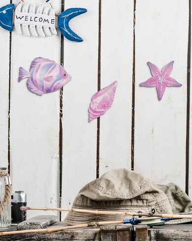 Putuo Decor 6pcs Wood Fish Wall Decor Rustic Ocean Bathroom Decor Coastal Wall Decor Nautical Beach Theme Lake House Decorations Fish Wall Hanging For The Home Bathroom Vintage Outdoor Pool Wall Decor in Saudi Arabia