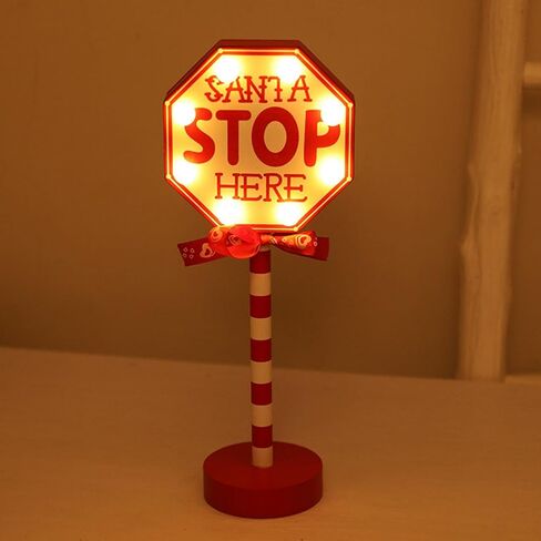 Christmas Decorations Santa Stop Here Pole Sign with LED Light Xmas Tabletop Stand Decor for Indoor Home Office Holiday Party Decorative Christmas Street Sign Holiday Housewarming Gift (octagon) in Saudi Arabia