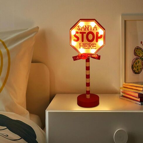 Christmas Decorations Santa Stop Here Pole Sign with LED Light Xmas Tabletop Stand Decor for Indoor Home Office Holiday Party Decorative Christmas Street Sign Holiday Housewarming Gift (octagon) in Saudi Arabia