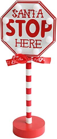 Christmas Decorations Santa Stop Here Pole Sign with LED Light Xmas Tabletop Stand Decor for Indoor Home Office Holiday Party Decorative Christmas Street Sign Holiday Housewarming Gift (octagon) in Saudi Arabia
