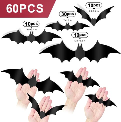 Halloween Decorations Bats Wall Stickers, 60 PCS Reusable 3D Black Halloween Bats Scary Stickers with Double-Sided Tape for Halloween Home Decor DIY Window Wall Indoor Outdoor Halloween Party Supplies in Saudi Arabia