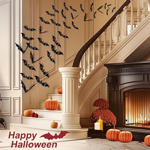 Halloween Decorations Bats Wall Stickers, 60 PCS Reusable 3D Black Halloween Bats Scary Stickers with Double-Sided Tape for Halloween Home Decor DIY Window Wall Indoor Outdoor Halloween Party Supplies in Saudi Arabia