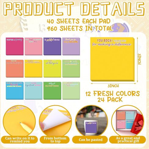 Yinder 24 Pcs Employee Appreciation Sticky Notes Thank You Gifts Bulk End of Year Teacher Gift Mini Pocket Inspirational Notepads for Coworker Graduation School Office Supply 3 x 3''(Marble) in Saudi Arabia