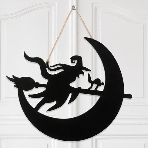 Halloween Door Hanger Black Boo Door Sign Decor Round Wood Hanging Sign Personalized Rustic Door Hanger Sign Wooden Halloween Wall Hanging Sign for Home Outdoor Indoor Decoration (Witch Style) in Saudi Arabia