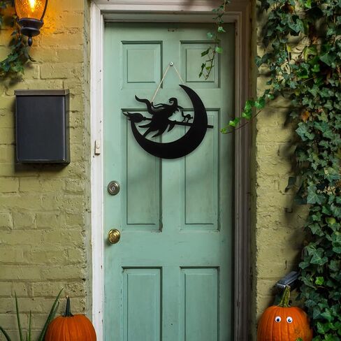 Halloween Door Hanger Black Boo Door Sign Decor Round Wood Hanging Sign Personalized Rustic Door Hanger Sign Wooden Halloween Wall Hanging Sign for Home Outdoor Indoor Decoration (Witch Style) in Saudi Arabia