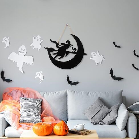 Halloween Door Hanger Black Boo Door Sign Decor Round Wood Hanging Sign Personalized Rustic Door Hanger Sign Wooden Halloween Wall Hanging Sign for Home Outdoor Indoor Decoration (Witch Style) in Saudi Arabia