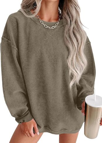 Womens Sweatshirts Casual Cored Corduroy Pullover Tops Oversized Long Sleeve Crewneck Shirts in Saudi Arabia