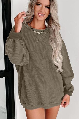 Womens Sweatshirts Casual Cored Corduroy Pullover Tops Oversized Long Sleeve Crewneck Shirts in Saudi Arabia